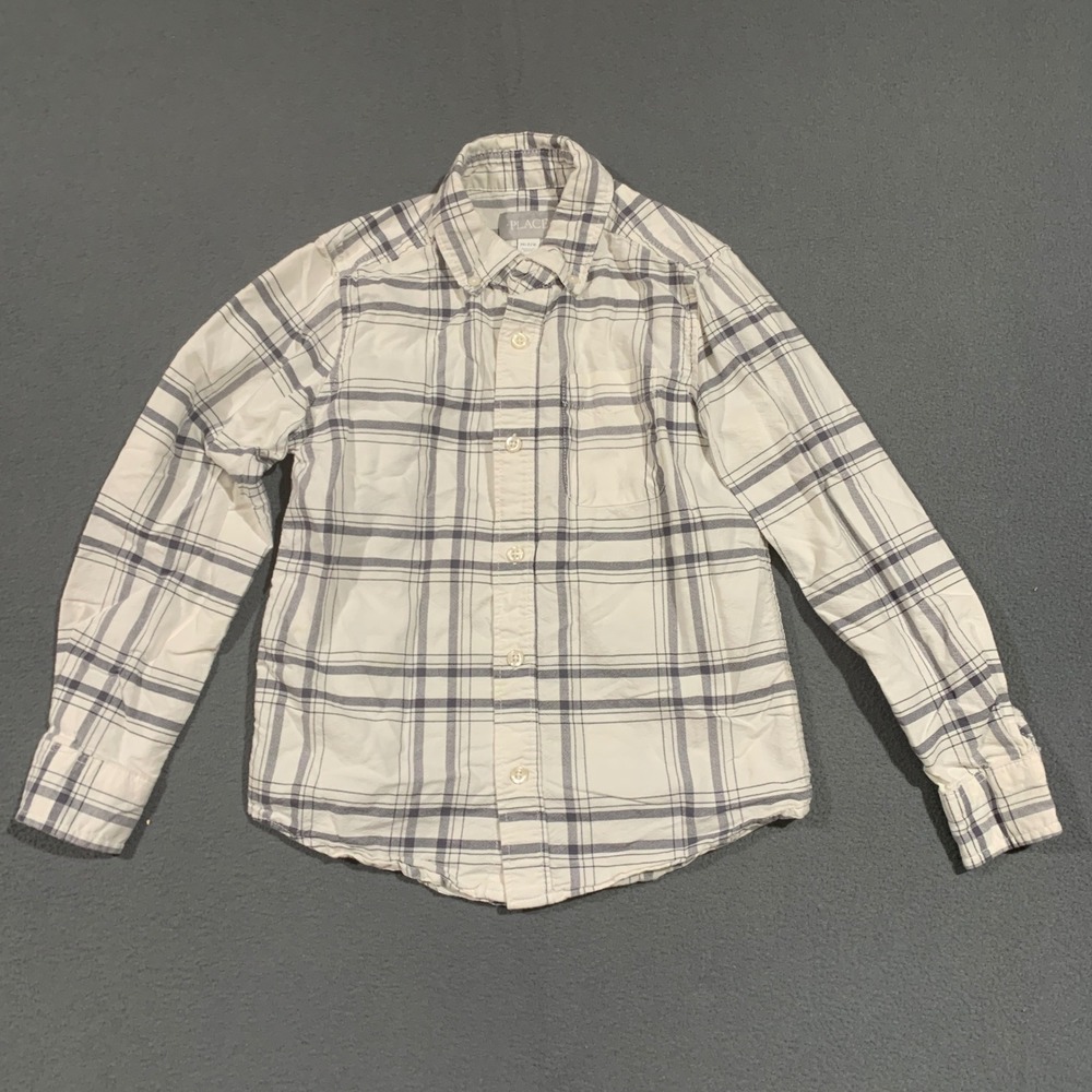 The Place Boys Size 7‎ 8 White And Gray Plaid Cotton LS Button Down Shirt *